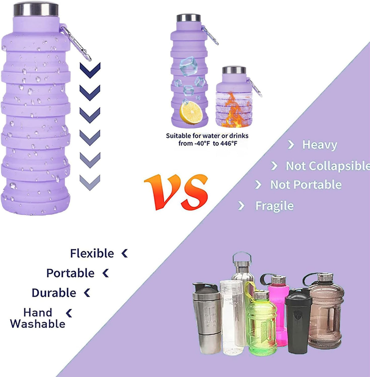 Collapsible Water Bottle,4 Pcs BPA Free Reuseable Silicone Foldable Leakproof 16oz Water Bottles,Portable Lightweight Water Bottles Carabiner for Travel Gym Camping,Hiking Sports