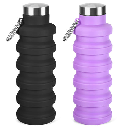 Collapsible Water Bottle, 16oz Portable Reusable Silicone Water Bottle with Carabiner for Gym, Travel, Camping, Hiking, Sports, Lightweight, BPA-Free, Leak-Proof, Foldable Design, Black