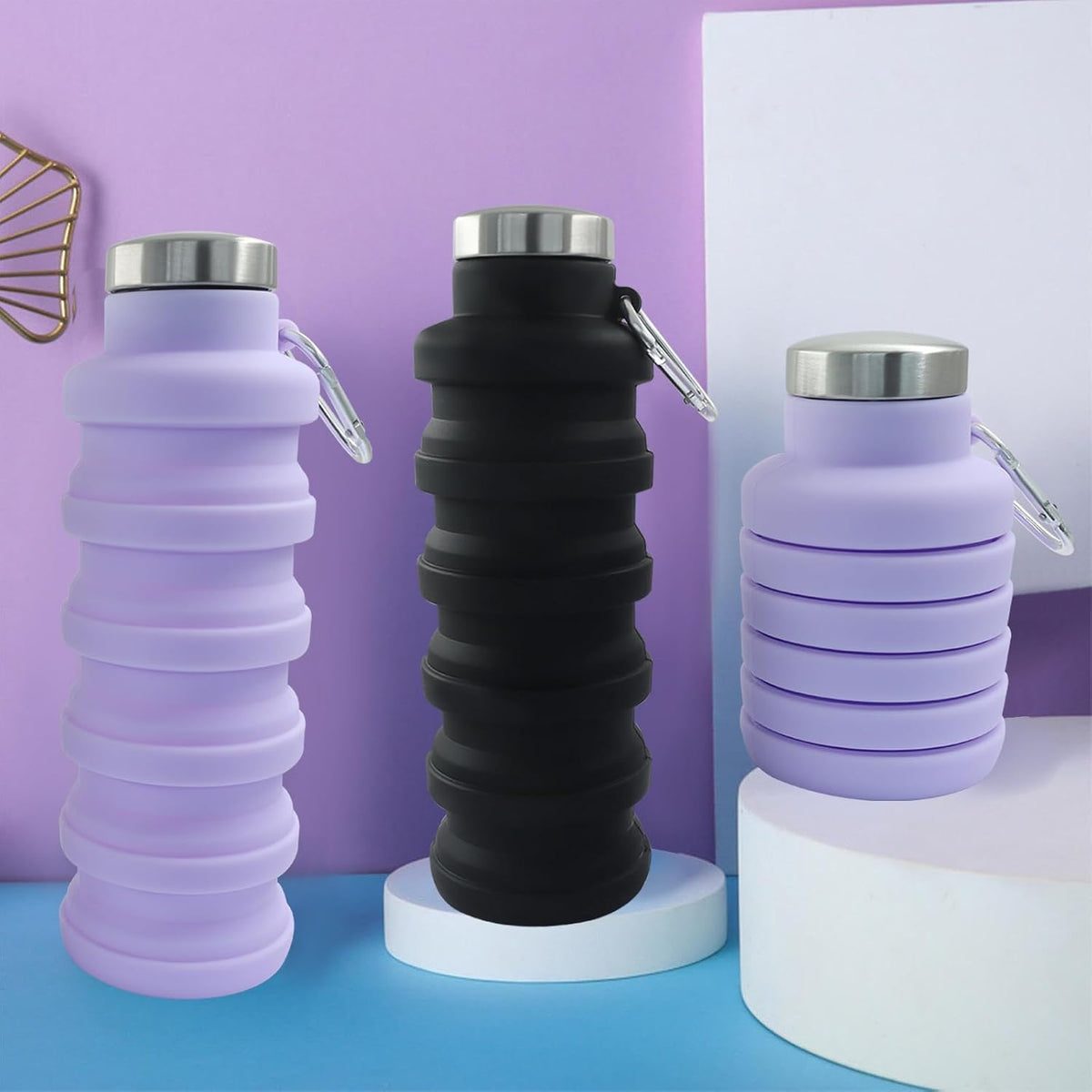Silicone Collapsible Water Bottle, Black+Purple, 2 Pcs