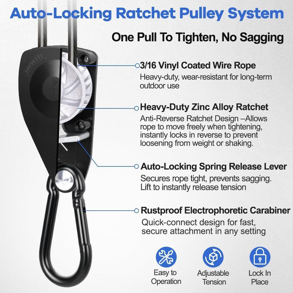 TooTaci Outdoor Clothesline Kit with Self-Locking Pulley, 15FT 3/16" Cable