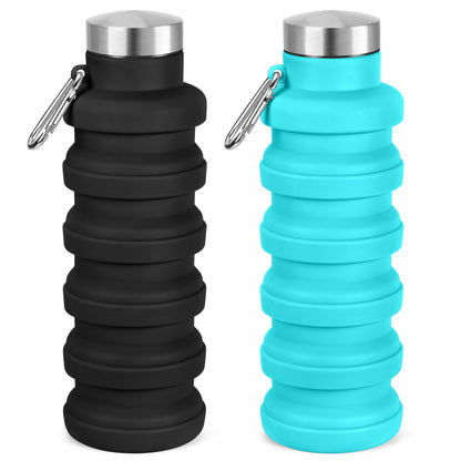 Collapsible Water Bottle, 16oz Portable Reusable Silicone Water Bottle with Carabiner for Gym, Travel, Camping, Hiking, Sports, Lightweight, BPA-Free, Leak-Proof, Foldable Design, Black
