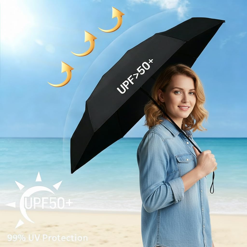 Windproof Mini Travel Folding Umbrella, UPF 50+ Sun & Rain Protection