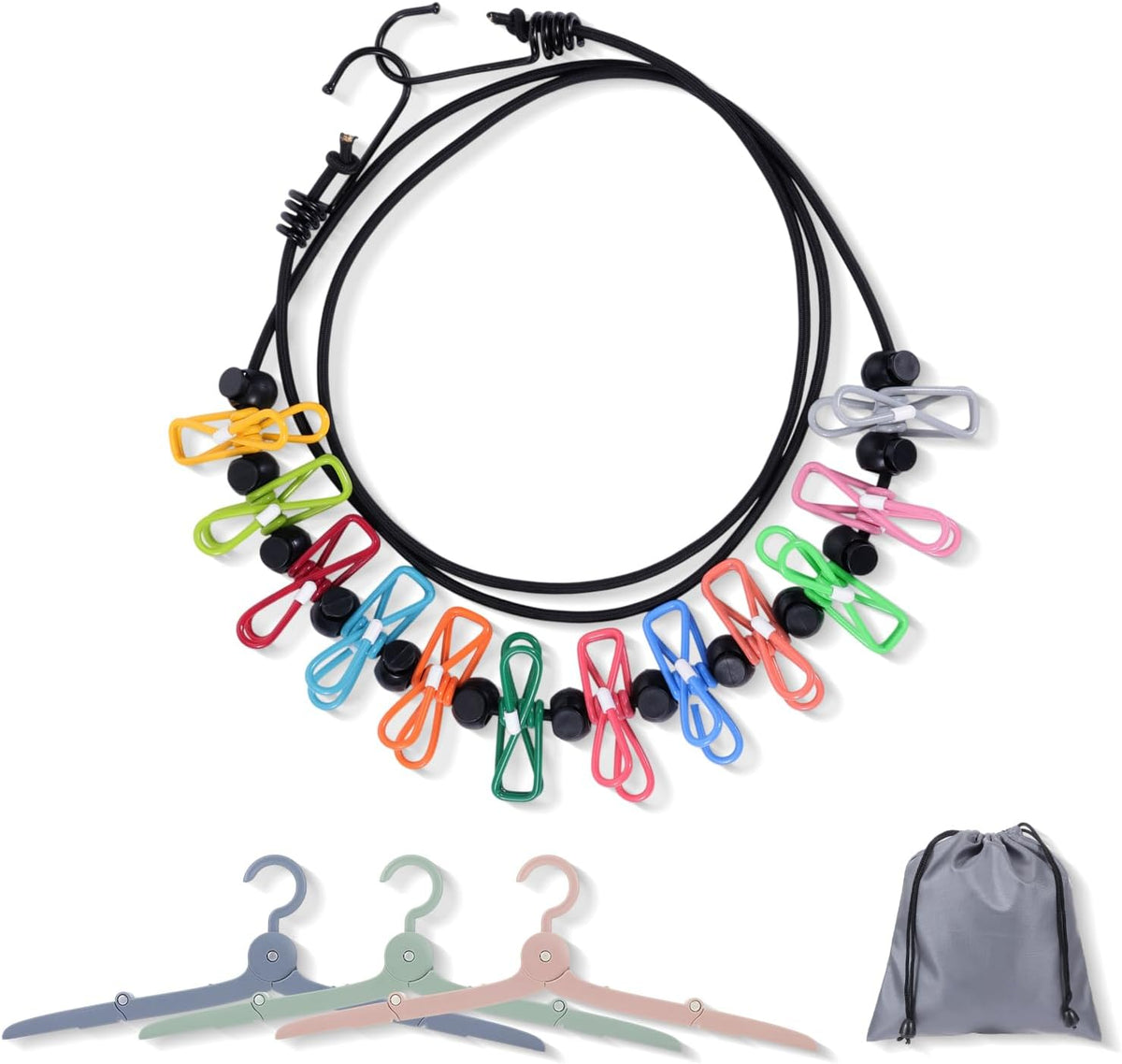 Portable Travel Clothesline with 12 Clips and 3 Folding Clothes Hangers Set, Elastic Clothes Drying Line with Waterproof Bag for Hotel Cruise Travel Camping Outdoor Essentials
