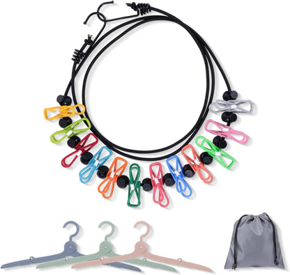 Portable Travel Clothesline with 12 Clips and 3 Folding Clothes Hangers Set, Elastic Clothes Drying Line with Waterproof Bag for Hotel Cruise Travel Camping Outdoor Essentials