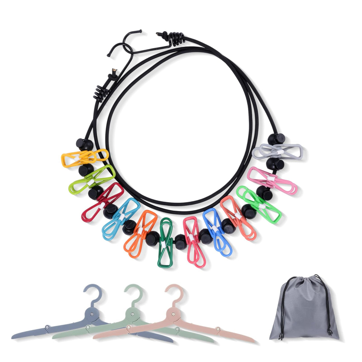 Portable Travel Clothesline with 12 Clips and 3 Folding Clothes Hangers Set, Elastic Clothes Drying Line with Waterproof Bag for Hotel Cruise Travel Camping Outdoor Essentials