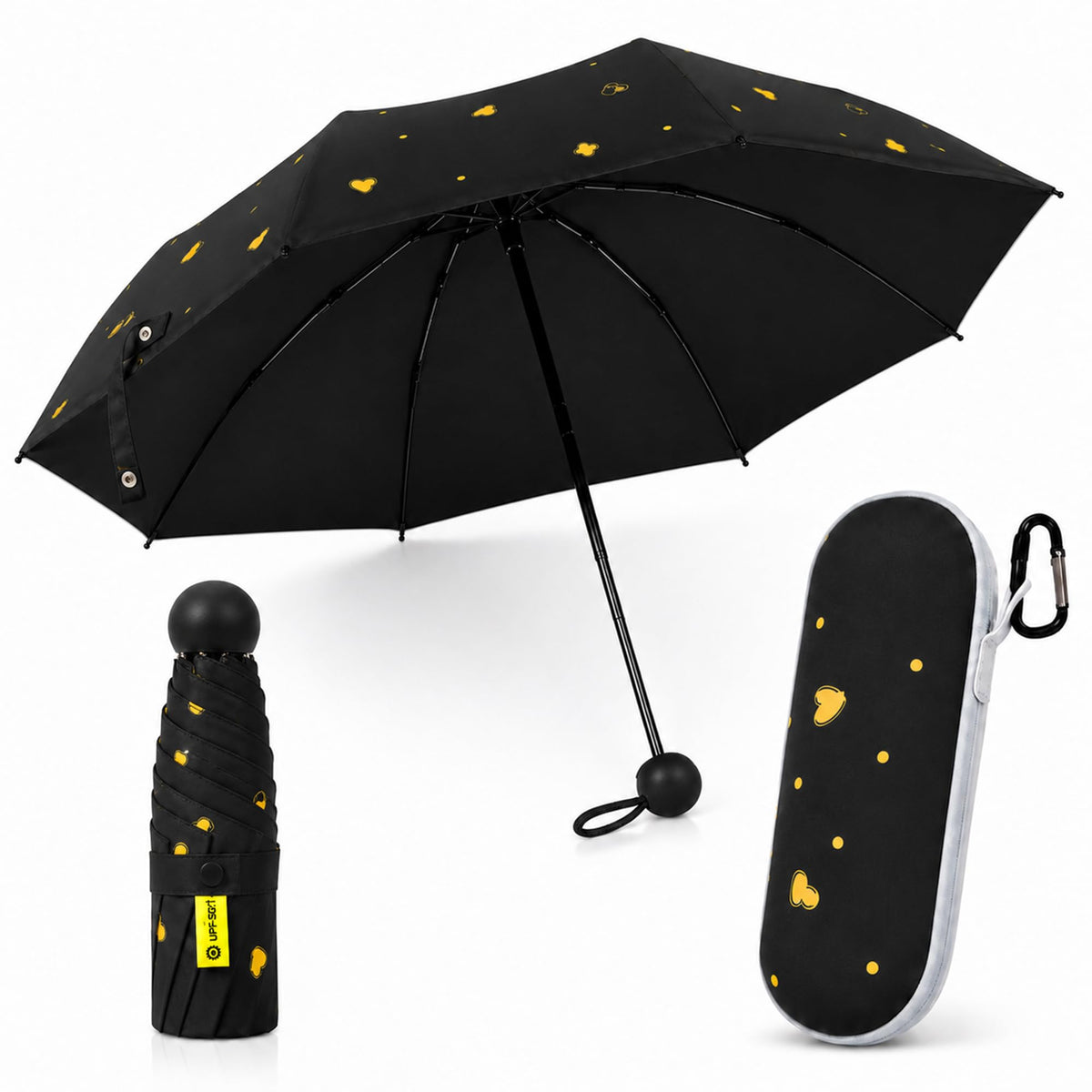 Mini Travel Umbrella, UPF 50+ Purse Umbrella with Case and Carabiner