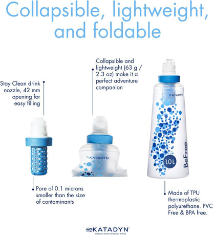 Katadyn BeFree 1L Lightweight Collapsible Water Filter Bottle for Outdoors