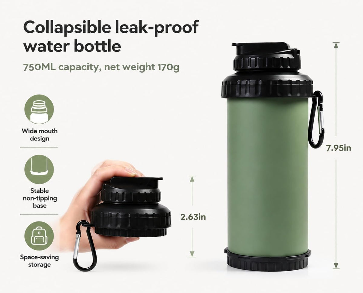 25oz 750ml Collapsible Water Bottle with Straw - BPA Free Silicone Foldable for Hiking Camping Travel Outdoor Sports Gym, Lightweight Portable Leakproof Reusable