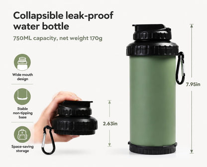 25oz 750ml Collapsible Water Bottle with Straw - BPA Free Silicone Foldable for Hiking Camping Travel Outdoor Sports Gym, Lightweight Portable Leakproof Reusable