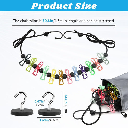 Magnetic Clothesline for Cruise Ship Cabin,Travel Clothesline with 12 Clips