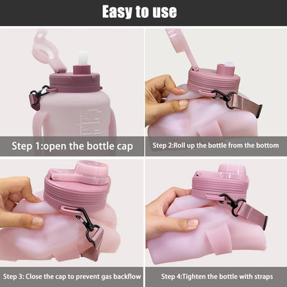 64oz Collapsible Silicone Water Bottle with Straw, BPA-Free,Foldable Water Jug with Handle for Gym, Hiking, Camping,Fishing (Pink)