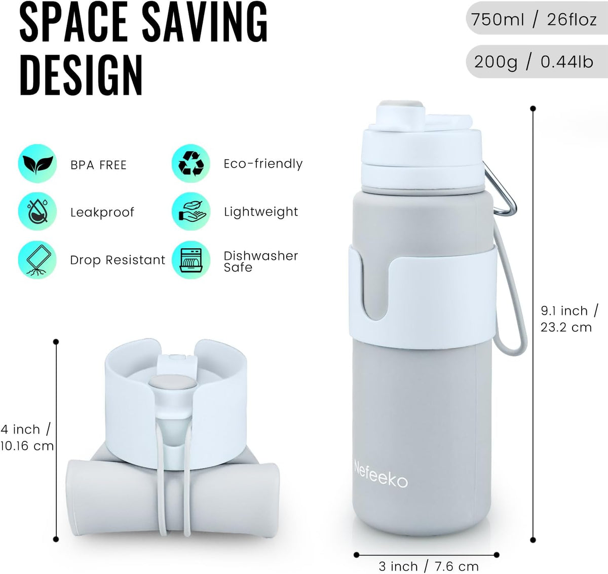 Nefeeko Collapsible Water Bottle, BPA Free 26oz Silicone Water Bottles