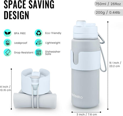 Nefeeko Collapsible Water Bottle, BPA Free 26oz Silicone Water Bottles