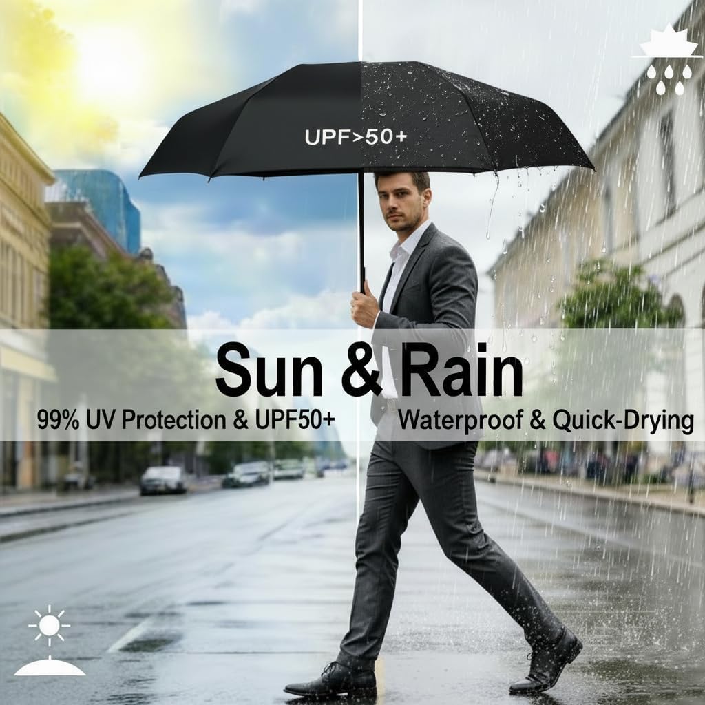 Windproof Mini Travel Folding Umbrella, UPF 50+ Sun & Rain Protection