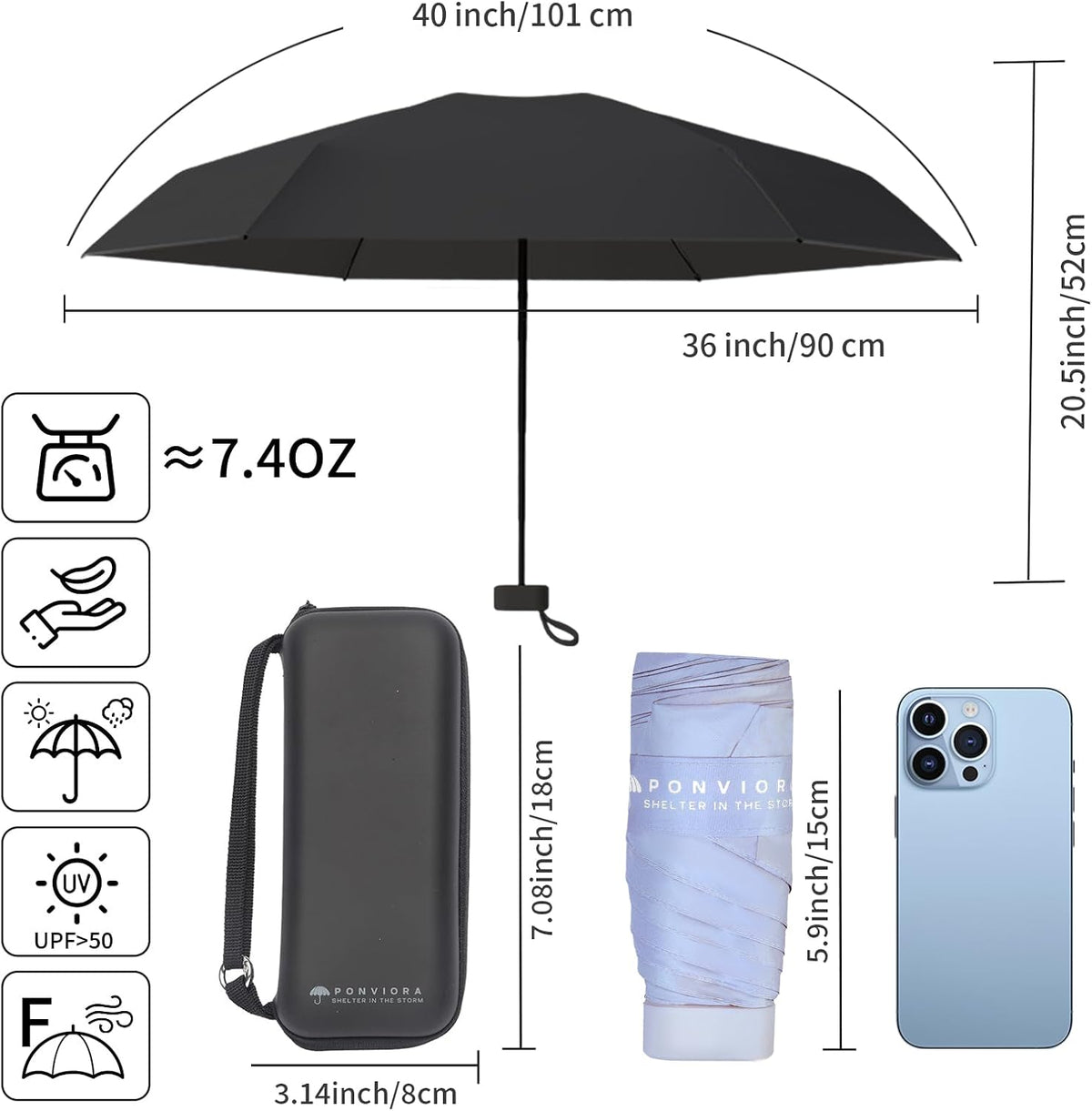 Compact Mini Windproof Travel Umbrella-UPF 50+ Sun & Rain Protection, Small Folding Design Fits in Pocket or Purse, Lightweight Portable with Case for Women, Men & Kids