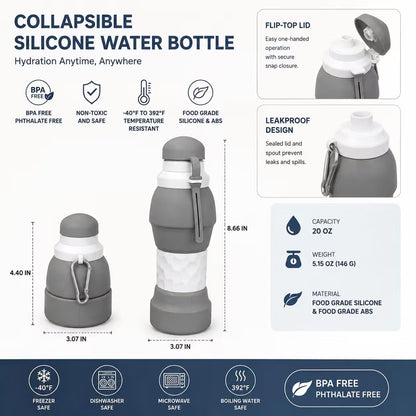 Petmaro Collapsible Water Bottles for traveling 20 oz (Grey)