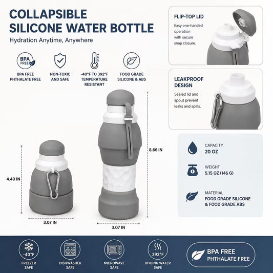 Petmaro Collapsible Water Bottles for traveling 20 oz (Grey)
