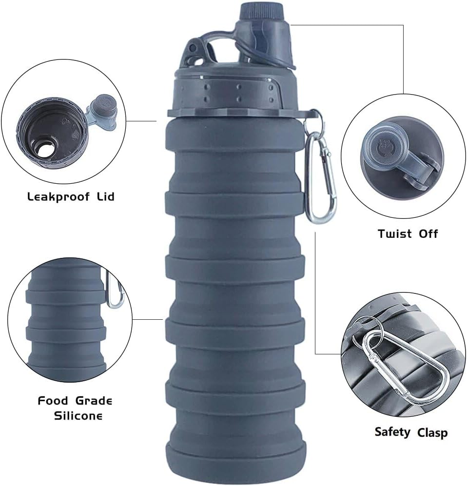 Collapsible Water Bottles 4 Pack 500ml (Grey+Purple+Blue+Pink)