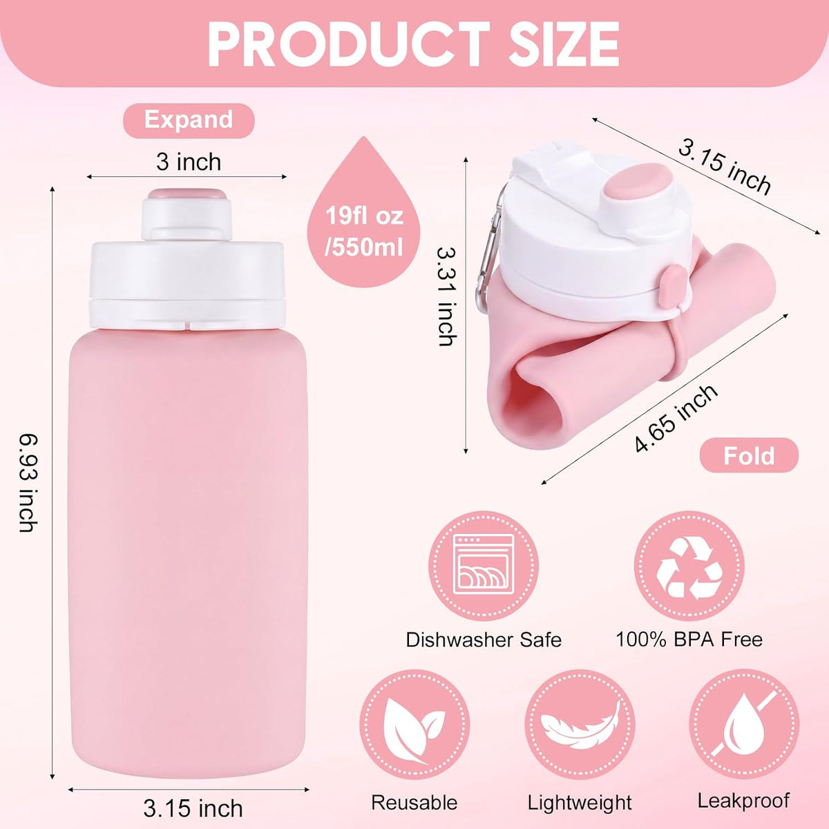 LemonRoad 2 Pcs 19 oz Silicone Collapsible Water Bottle, Pink Green