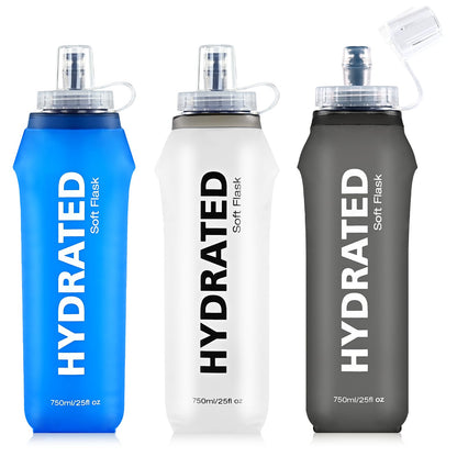 SLUXKE 3 Pack Soft Water Bottle, 25oz/750ml Flask Running Bottles for Hydration Packs, TPU Collapsible Reusable Handheld Flasks for Hiking Cycling Climbing