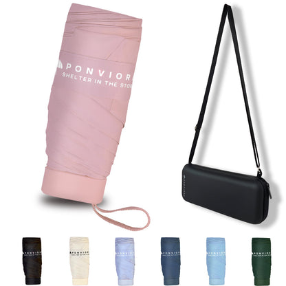 Mini Umbrella for Travel Compact Folding Windproof, Lightweight Pocket Size for Backpack/Purse - UPF 50+ Sun & Rain Protection with Case & Adjustable Shoulder Straps- Manual Open for Women, Men, Kids