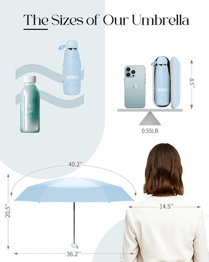 Seniny Mini Travel Umbrella with Case, Compact Pocket Size UV Sun & Rain