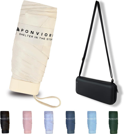 Mini Umbrella for Travel Compact Folding Windproof, Lightweight Pocket Size for Backpack/Purse - UPF 50+ Sun & Rain Protection with Case & Adjustable Shoulder Straps- Manual Open for Women, Men, Kids
