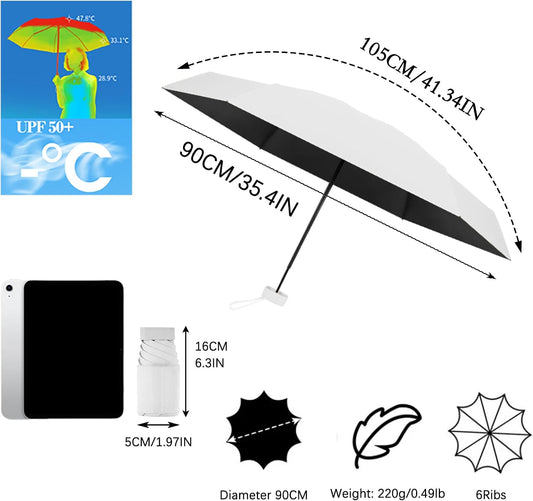 Mini Folding Travel Umbrella/Parasol, Widened Strap for Neat Storage, Compact/Flat Handle/Waterproof Rain/Sun, Purse/Pocket/6Ribs/UPF 50+/UV Protection, Men Women Kids/Ultra-Lightweight