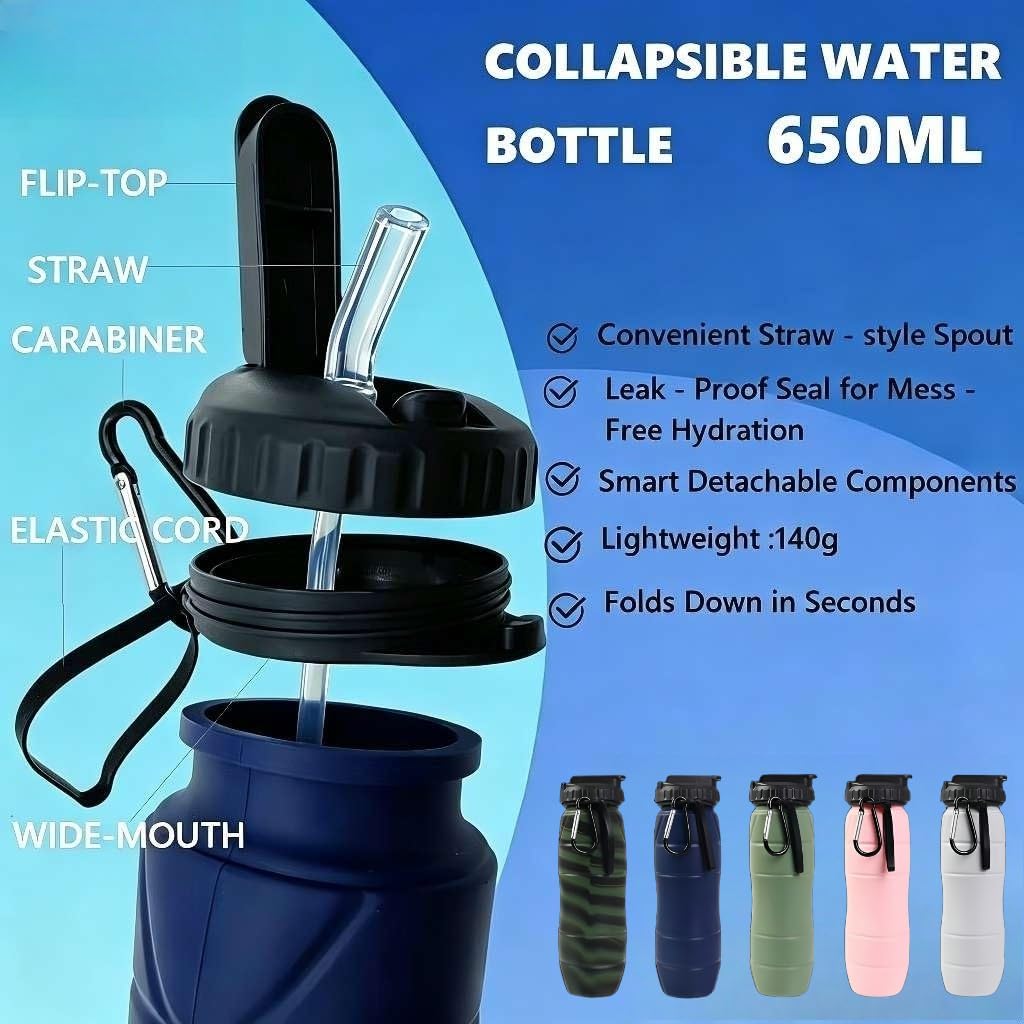 Collapsible Water Bottles 22oz with Straw 2Pack Travel (Blue+Pink)