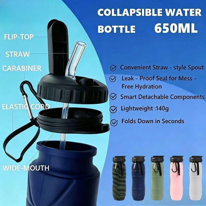 Collapsible Water Bottles 22oz with Straw 2Pack Travel (Blue+Pink)