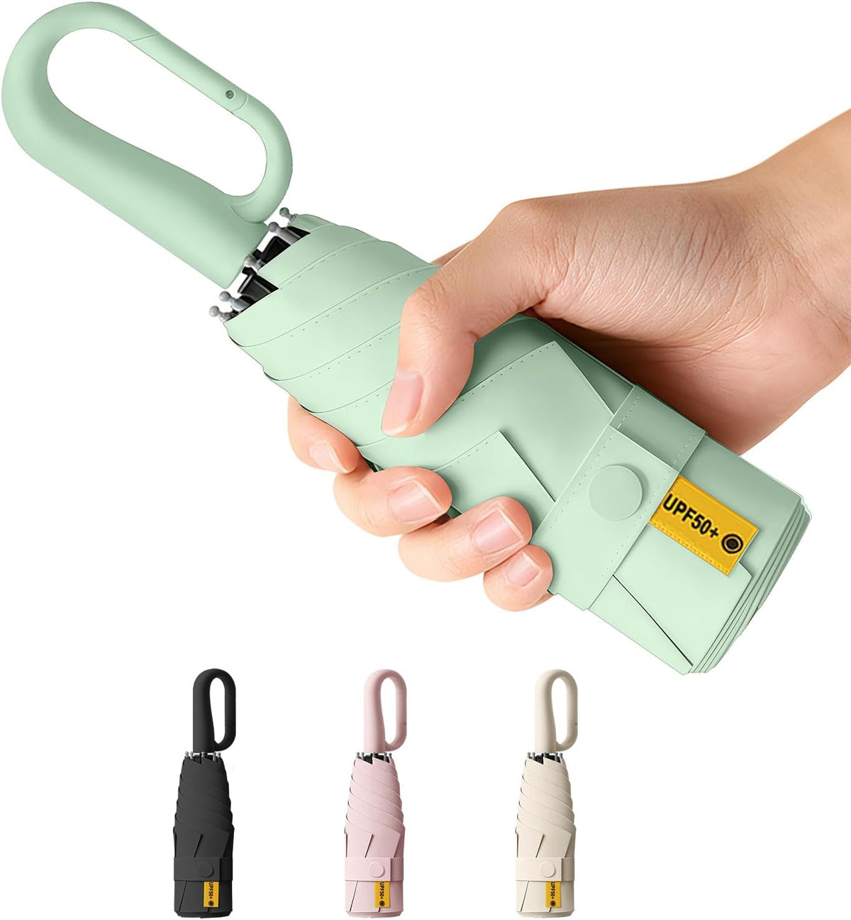Compact Travel Umbrella with Carabiner Ring Handle, Windproof 5-Fold Portable Umbrella, UPF 50+ UV Protective Sun Parasol, Water Repellent Lightweight Small Rain Shield for Backpack, Purse, Stroller