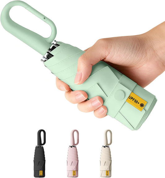 Compact Travel Umbrella with Carabiner Ring Handle, Windproof 5-Fold Portable Umbrella, UPF 50+ UV Protective Sun Parasol, Water Repellent Lightweight Small Rain Shield for Backpack, Purse, Stroller