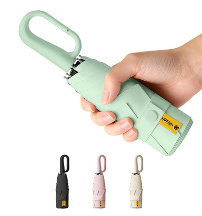 Compact Travel Umbrella with Carabiner Ring Handle, Windproof 5-Fold Portable Umbrella, UPF 50+ UV Protective Sun Parasol, Water Repellent Lightweight Small Rain Shield for Backpack, Purse, Stroller