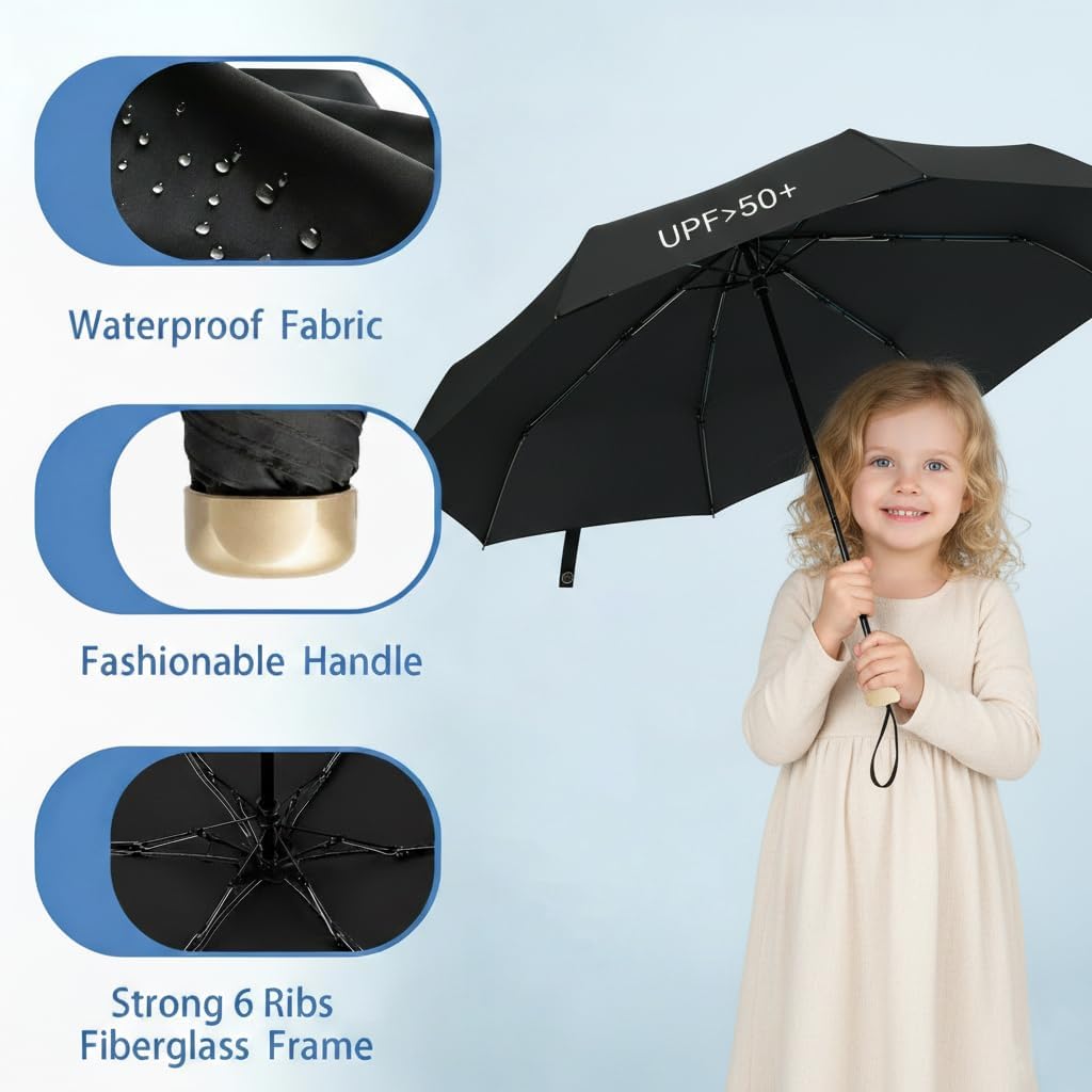 Windproof Mini Travel Folding Umbrella, UPF 50+ Sun & Rain Protection
