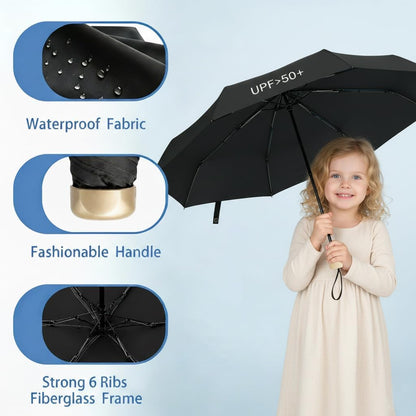 Windproof Mini Travel Folding Umbrella, UPF 50+ Sun & Rain Protection