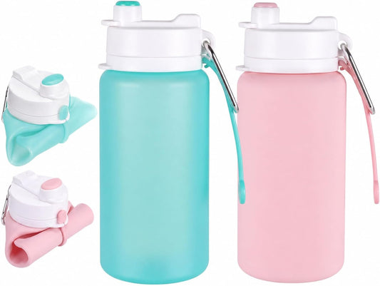 LemonRoad 2 Pcs 19 oz Silicone Collapsible Water Bottle, Pink Green