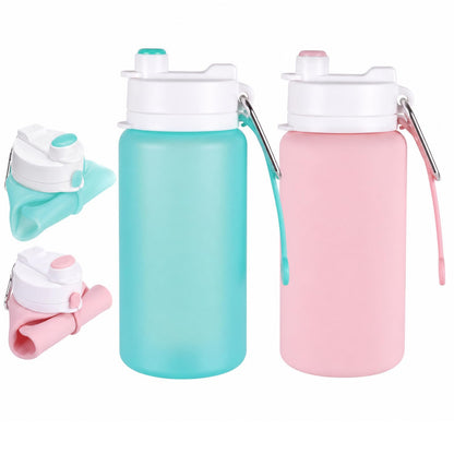 LemonRoad 2 Pcs 19 oz Silicone Collapsible Water Bottle, Pink Green