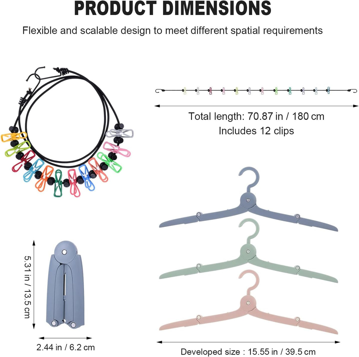 Portable Travel Clothesline with 12 Clips and 3 Folding Clothes Hangers Set, Elastic Clothes Drying Line with Waterproof Bag for Hotel Cruise Travel Camping Outdoor Essentials