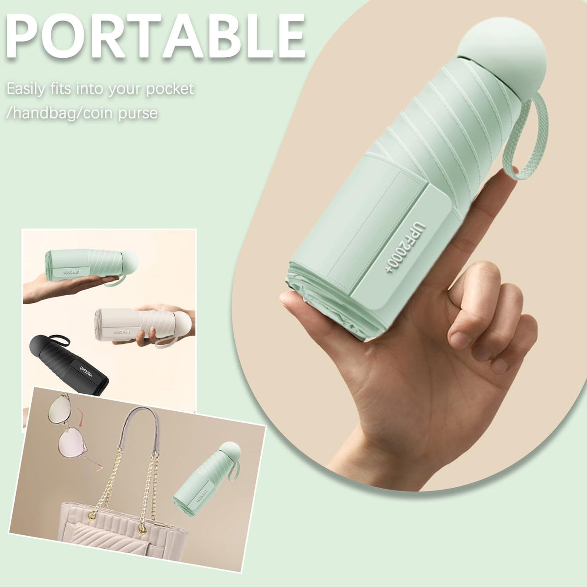 Mini Travel Folding Umbrella for Women, Kids/7cm Wide Strap/UPF50+/Compact