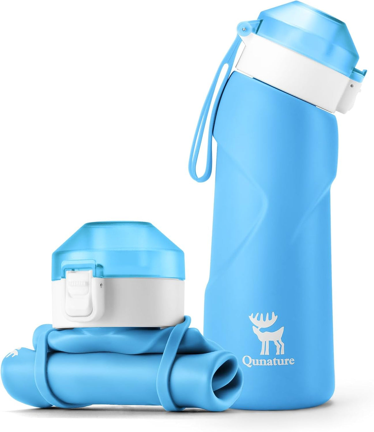 Quanture Collapsible Water Bottle 24oz (700mL), Foldable Silicone Travel Water Bottle, Leakproof & BPA-Free, with Wide Mouth & Carry Strap for Hiking, Camping, Outdoor, Blue