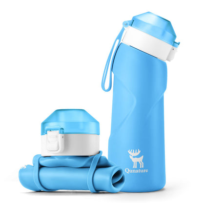 Quanture Collapsible Water Bottle 24oz (700mL), Foldable Silicone Travel Water Bottle, Leakproof & BPA-Free, with Wide Mouth & Carry Strap for Hiking, Camping, Outdoor, Blue