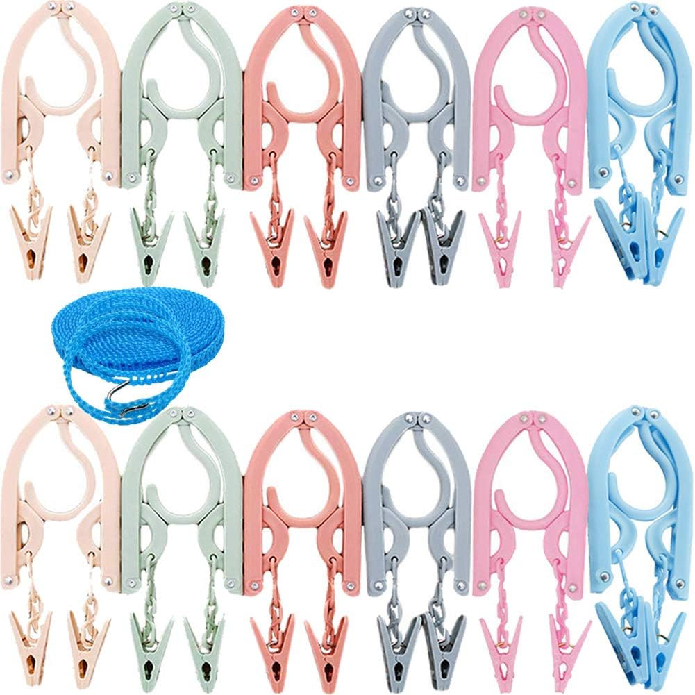 Foldable Multicolor Hangers12Pcs with 24Pcs Clips and 1Pcs Clothesline