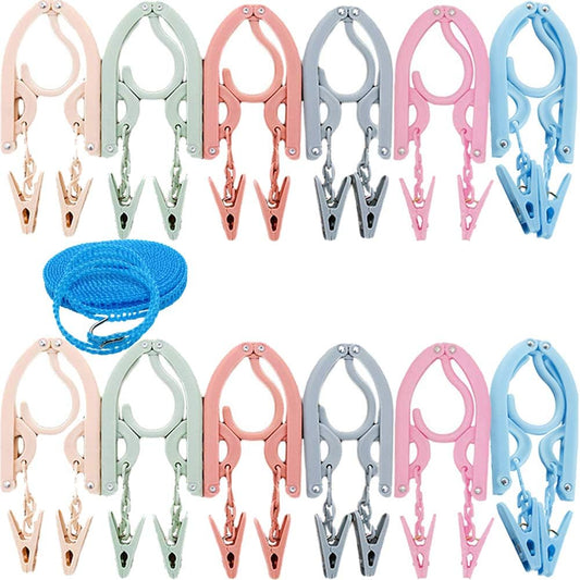 Foldable Multicolor Hangers12Pcs with 24Pcs Clips and 1Pcs Clothesline