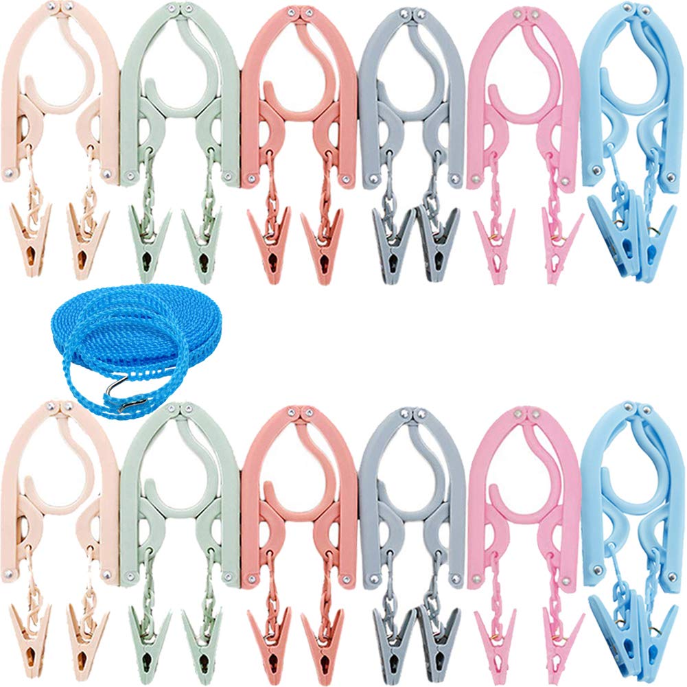 Foldable Multicolor Hangers12Pcs with 24Pcs Clips and 1Pcs Clothesline