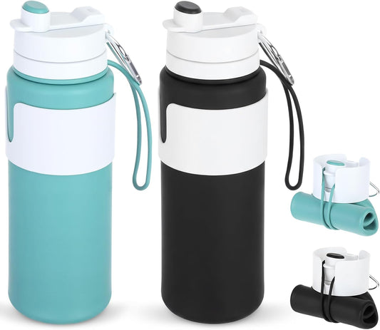 LemonRoad 2 Pcs 26 oz Silicone Collapsible Water Bottle, Portable Foldable Water Bottle Leakproof with Carabiner Reuseable Lightweight for Travel Sports Hiking Camping Cycling Office (Green,Black)
