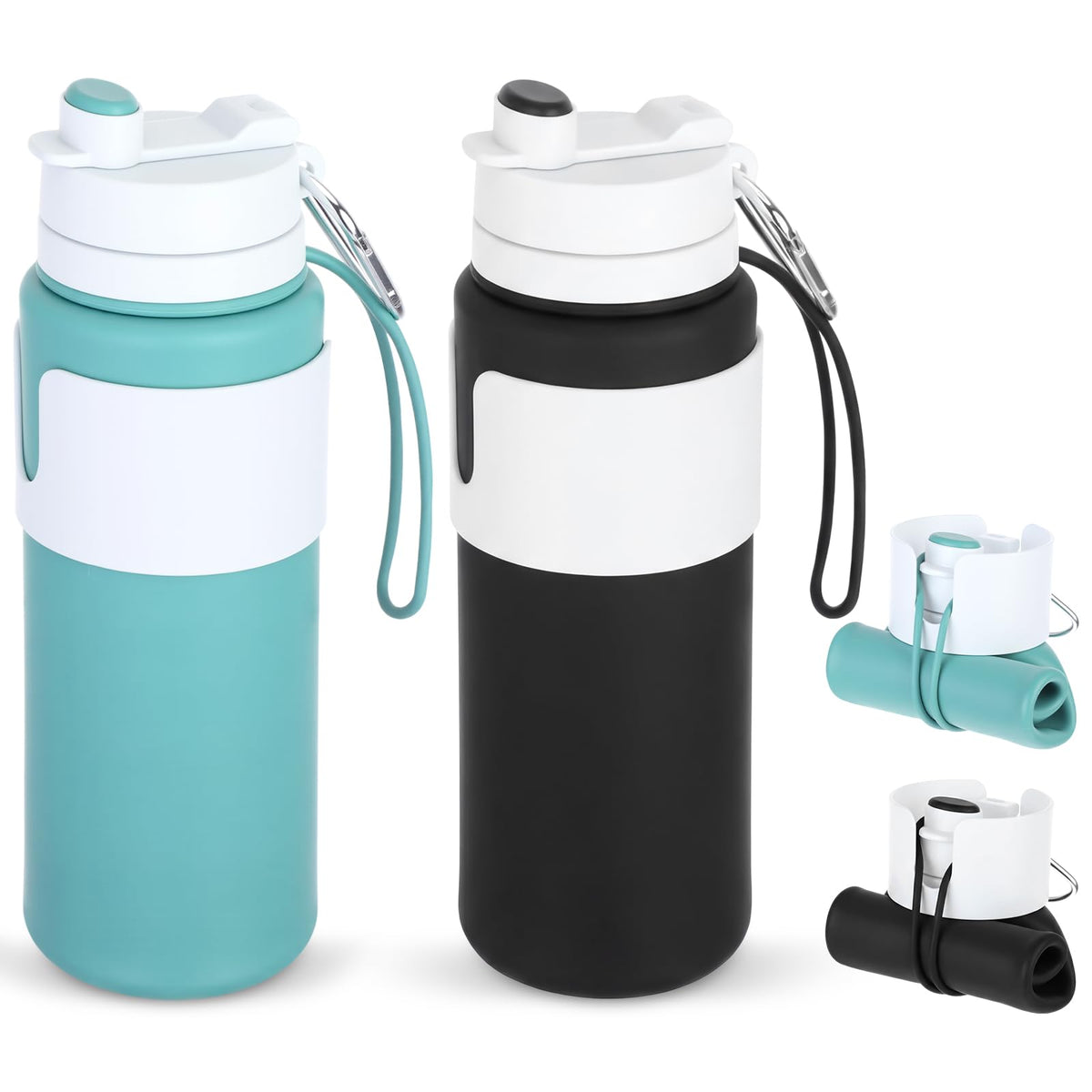 LemonRoad 2 Pcs 26 oz Silicone Collapsible Water Bottle, Portable Foldable Water Bottle Leakproof with Carabiner Reuseable Lightweight for Travel Sports Hiking Camping Cycling Office (Green,Black)