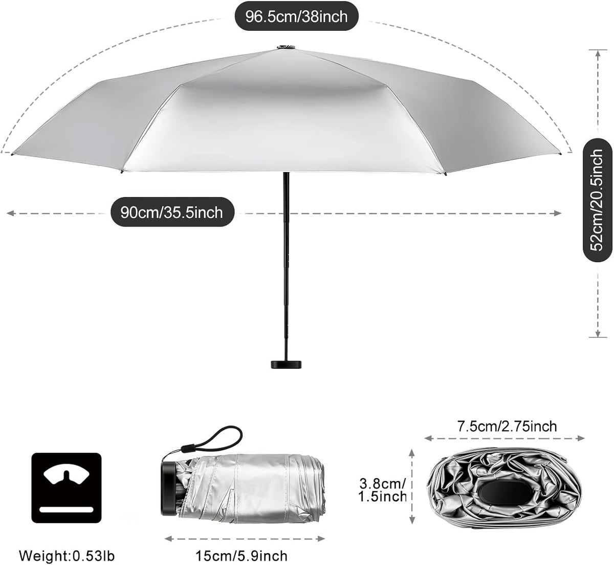 Mini Umbrella For Purse - UPF 50+ UV Blocker Sun Protection Umbrella, Small Micro Travel Parasol Design for Women, Black