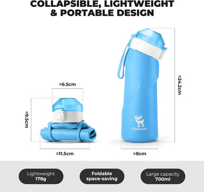 Quanture Collapsible Water Bottle 24oz (700mL), Foldable Silicone Travel Water Bottle, Leakproof & BPA-Free, with Wide Mouth & Carry Strap for Hiking, Camping, Outdoor, Blue