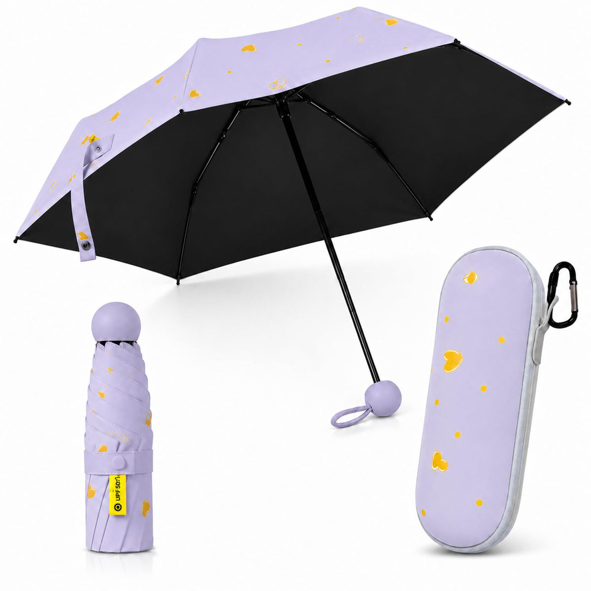 Mini Travel Umbrella, UPF 50+ Purse Umbrella with Case and Carabiner