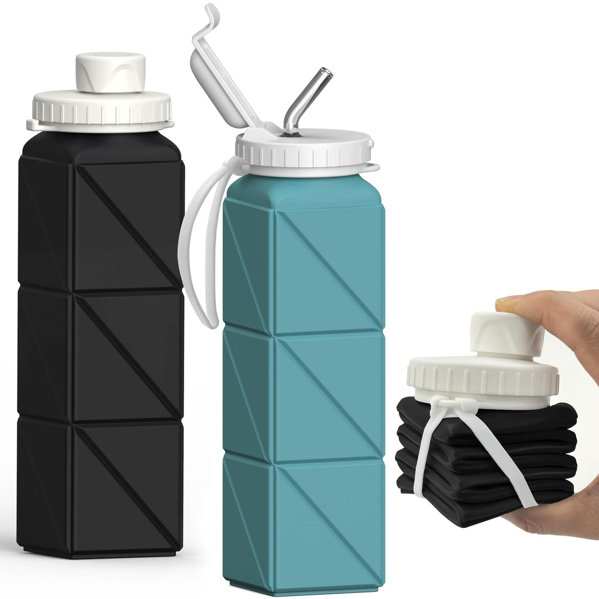 Collapsible Water Bottles 2 Pack, 21oz/610mL, Silicone Travel Water Bottle